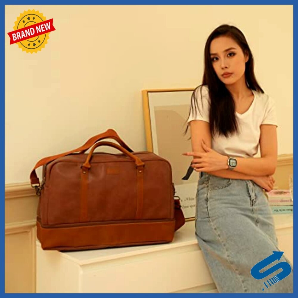 Large Vegan Leather Travel Duffel Tote with Shoe Compartment Carry-On Weekender - Picture 5 of 7